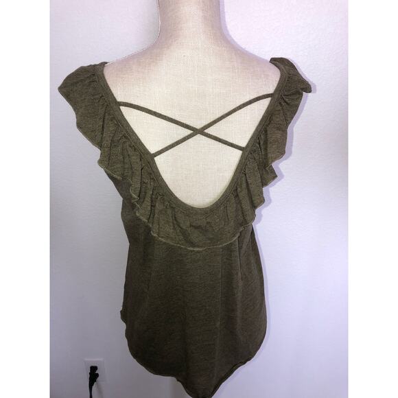 Chaser Vintage Line Olive Ruffle Criss Cross Back Scoop Tank - M - Picture 2 of 3